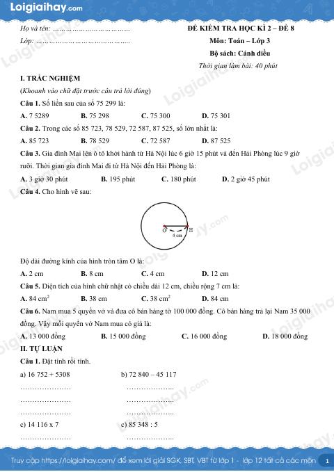 Đề kiểm tra học kì 2 Toán 3 Cánh diều - Đề số 8